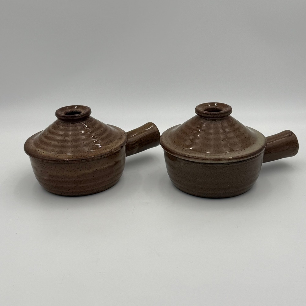 Vintage Brown Speckled Stoneware French Onion Soup Bowls with Lids Set of 2